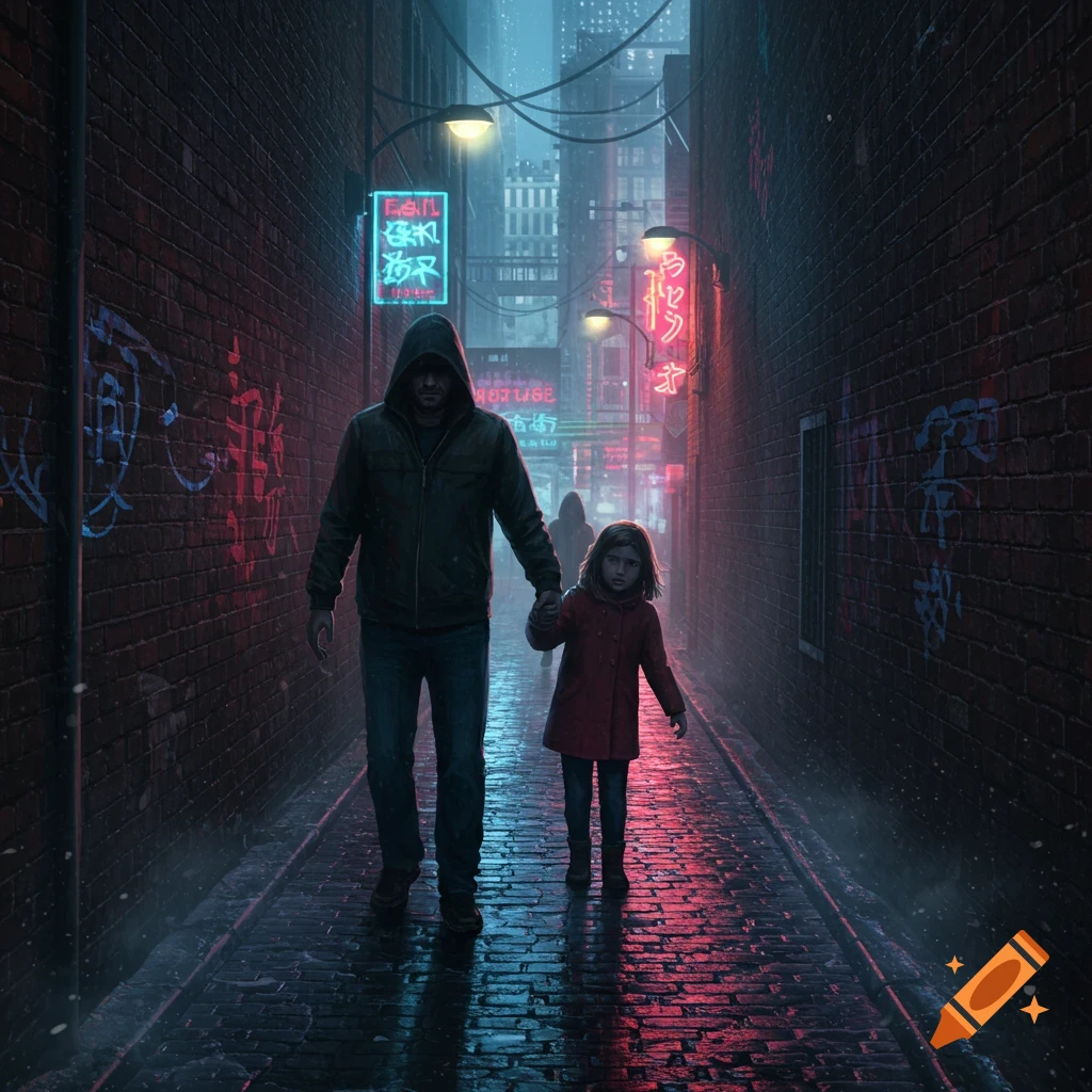 A man in a hoodie holds a young girl's hand, walking down a dark, wet alley lit by vibrant red and blue neon signs in a rainy city. Photorealistic.