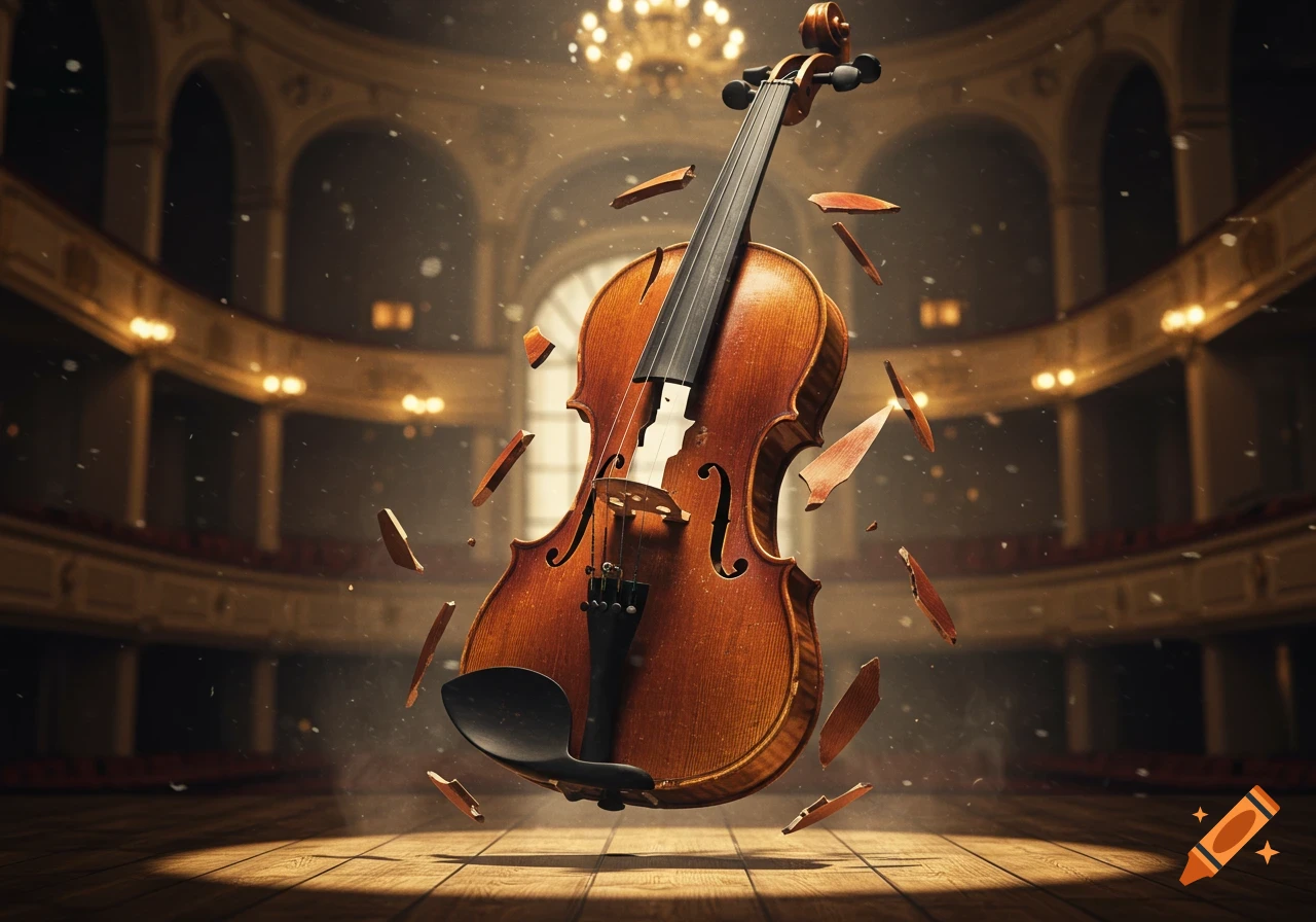 A broken wooden violin floats suspended in the center of an opulent, empty concert hall, its pieces scattered around it.