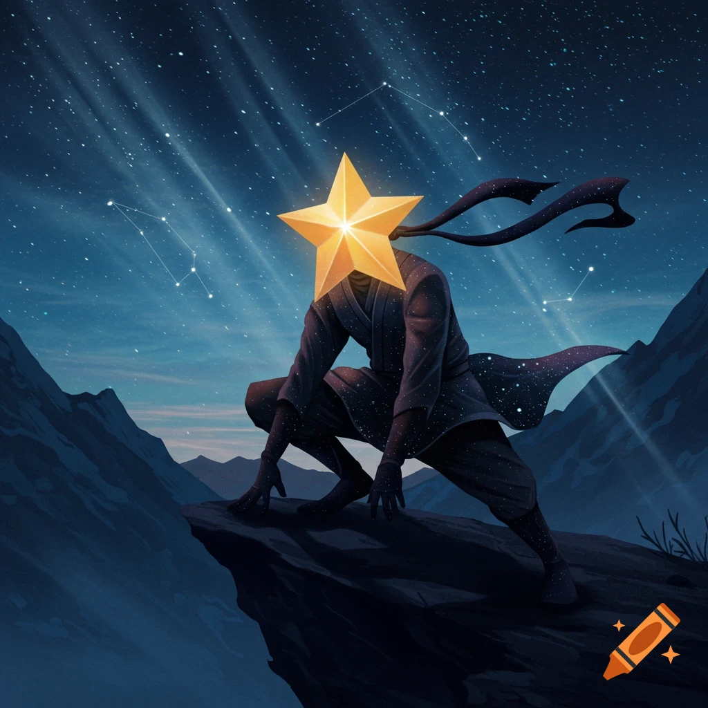 A cartoon-style star-headed ninja crouches on a mountain cliff under a vast starry night sky with constellations.
