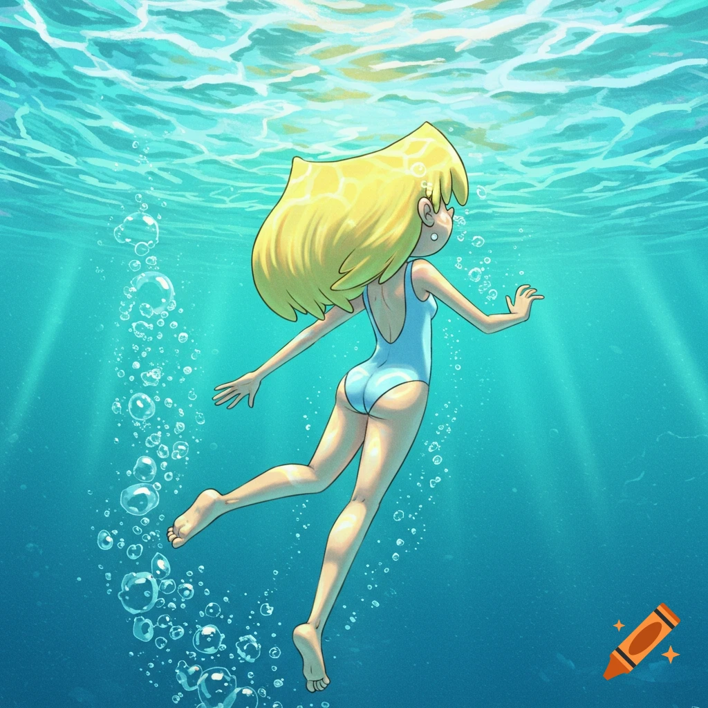 Cartoon character Lori Loud in a light blue swimsuit swims underwater amidst bubbles.
