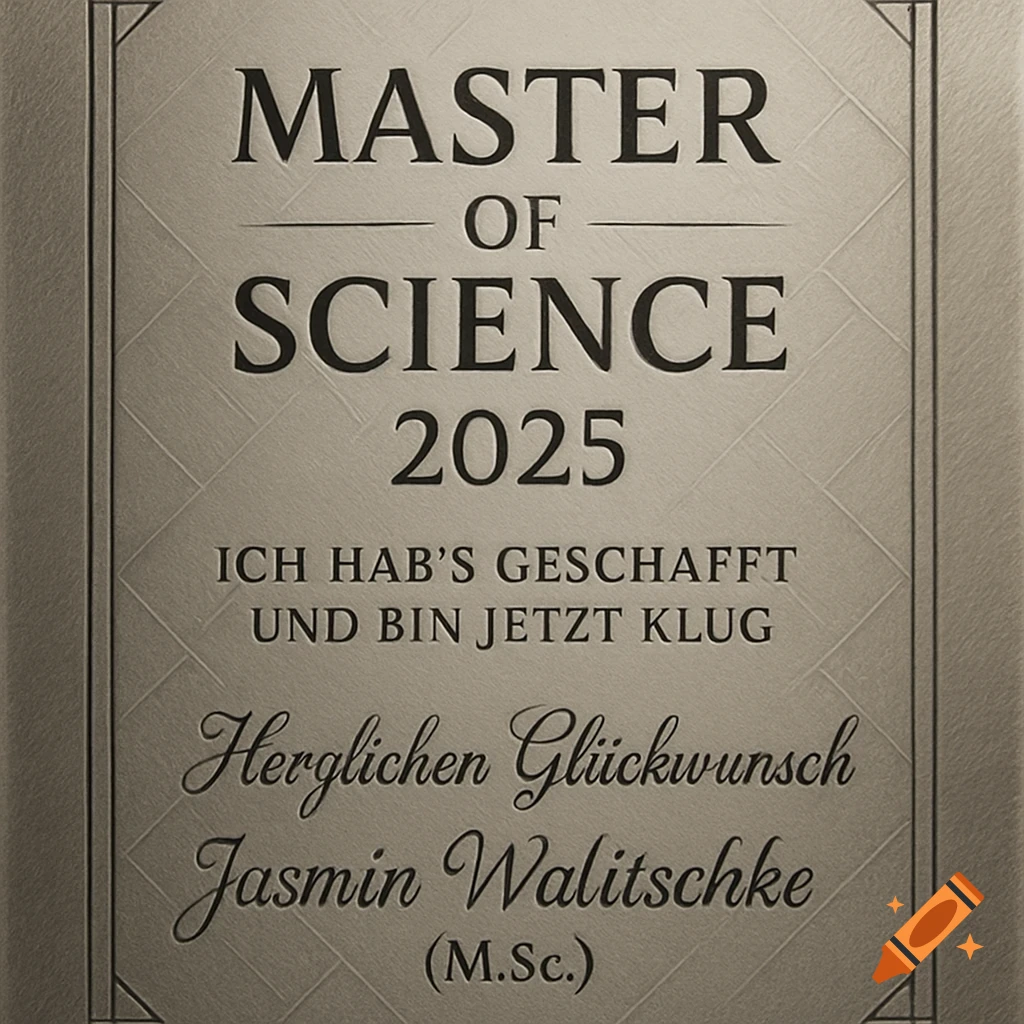 A metallic plaque with engraved text, 'Master of Science 2025 Ich hab’s geschafft und bin jetzt klug. Herzlichen Glückwunsch Jasmin Walitschke (M.Sc.)'