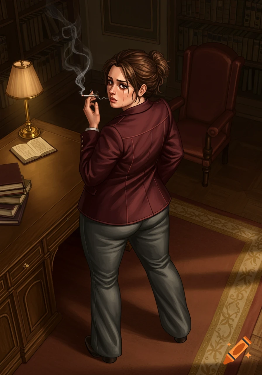 A woman in a burgundy blazer and grey trousers stands in a study, smoking a cigarette and looking over her shoulder with sad eyes.