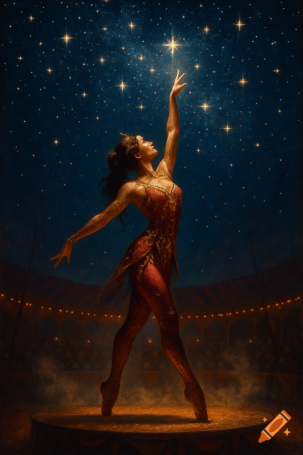 A female performer in a red and gold costume reaches for a glowing star against a dark, starry night sky above a circus tent.