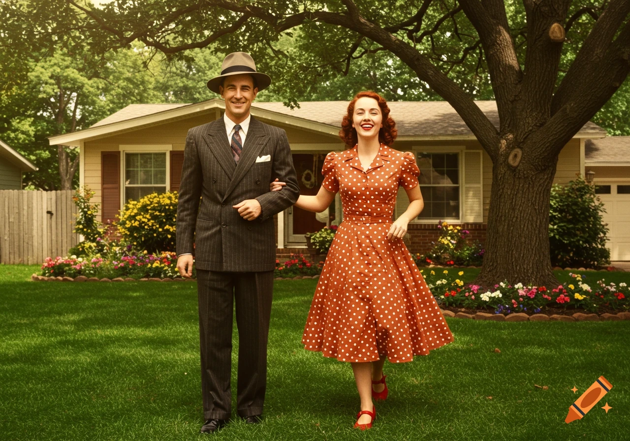 A smiling man in a suit and a woman in a polka dot dress hold arms on a lawn in front of a suburban house.