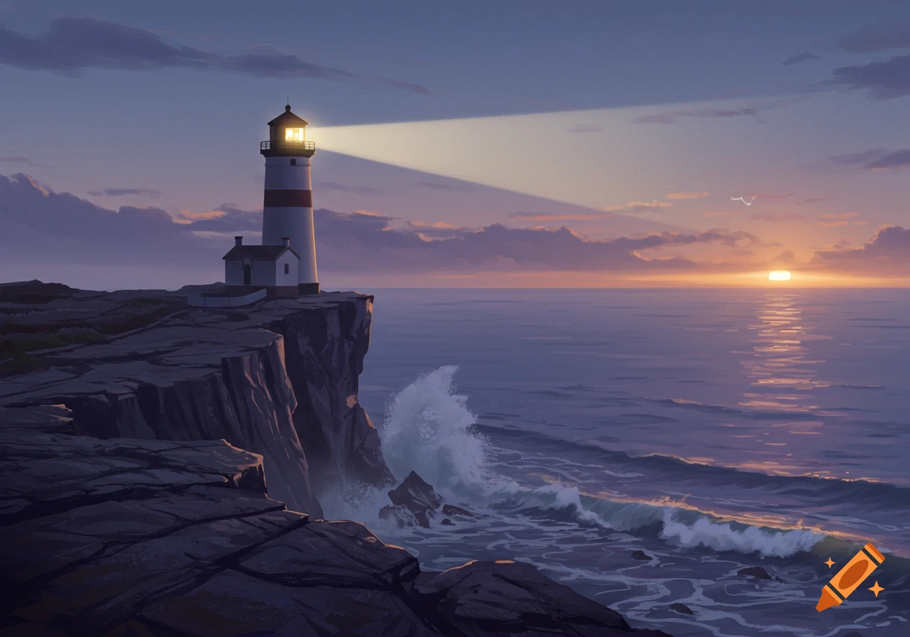 Lighthouse on a cliff overlooking the ocean at sunset, with waves crashing. Illustrative style.