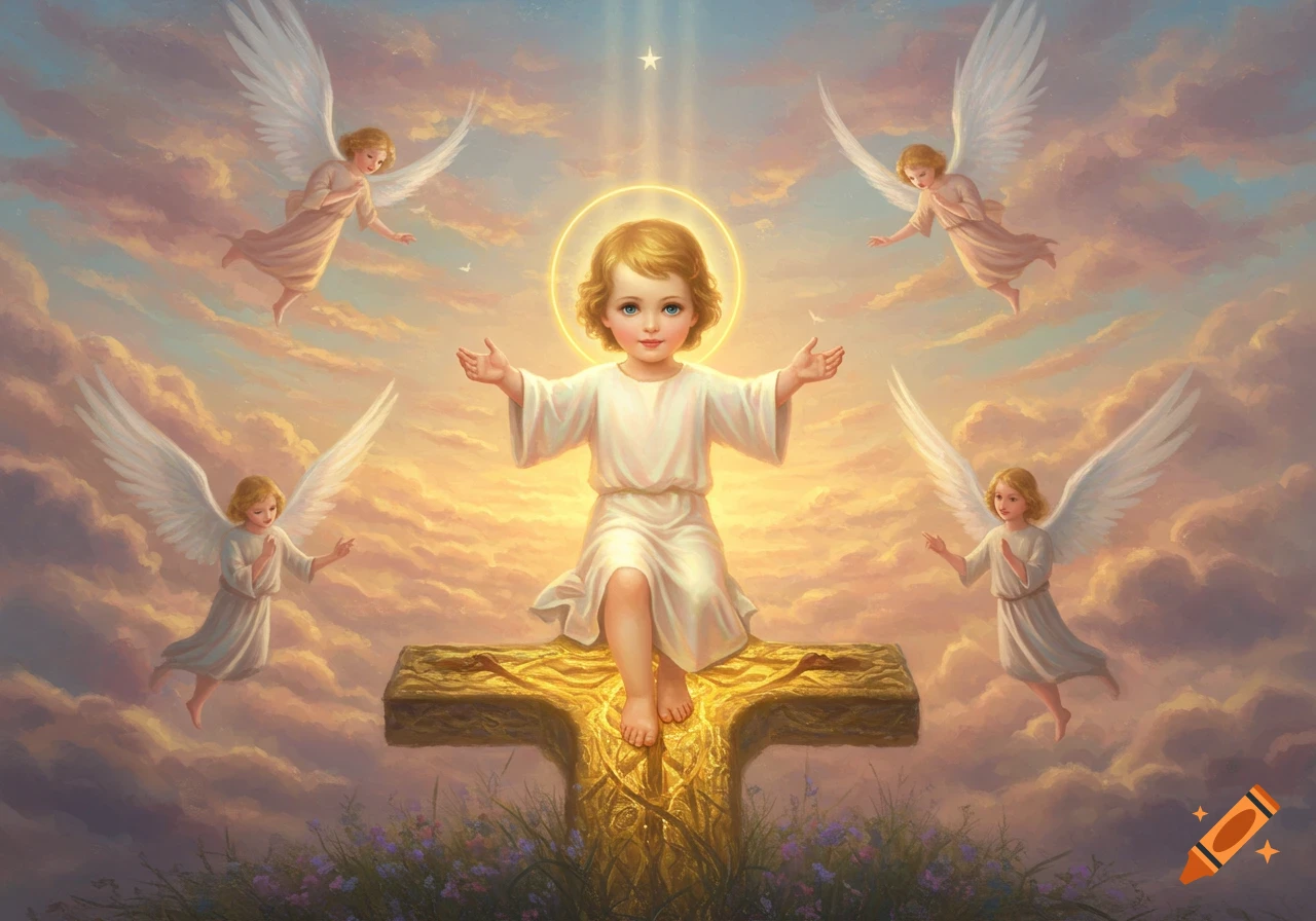 Baby Jesus with a halo sits on a golden cross surrounded by four flying angels in a sky with warm, glowing clouds.