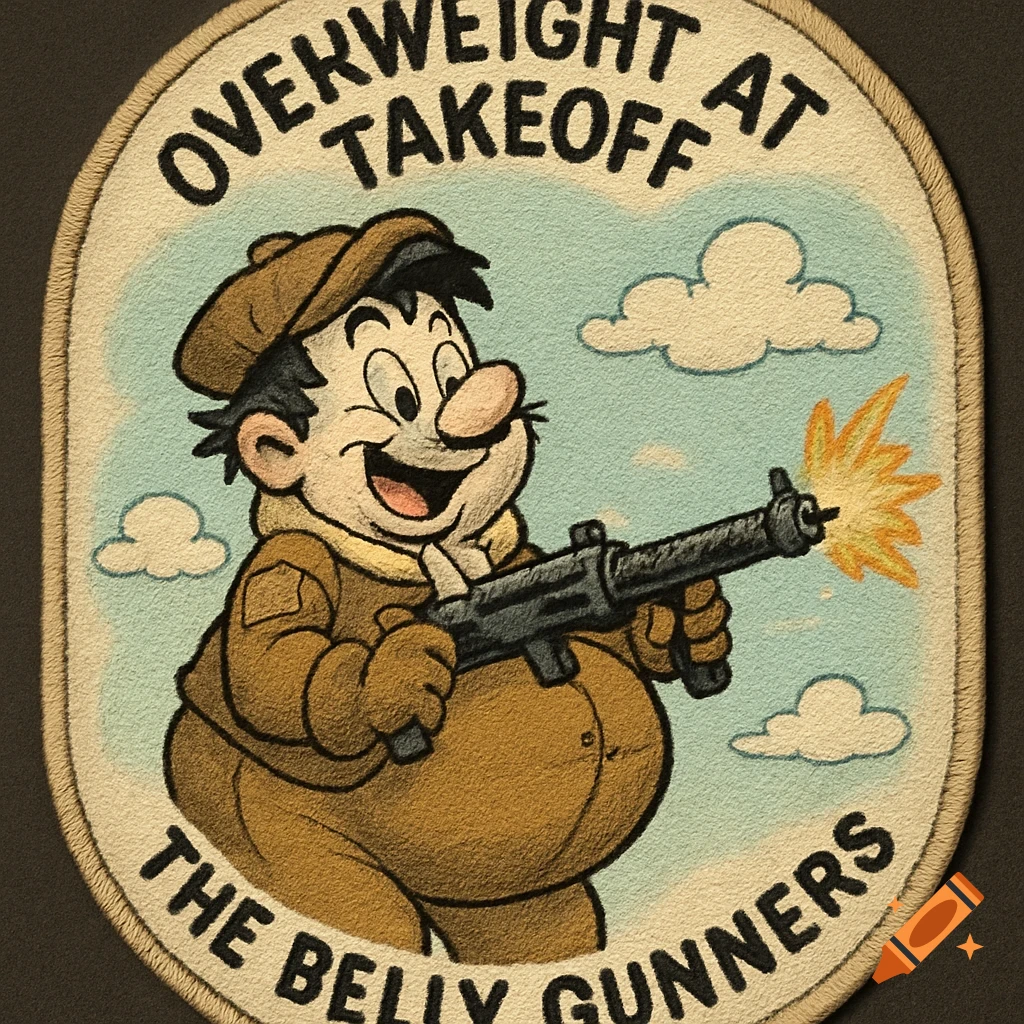 A vintage-style cartoon military patch featuring a chubby pilot in uniform firing a machine gun, with text 'OVERWEIGHT AT TAKEOFF THE BELLY GUNNERS' around the edge.