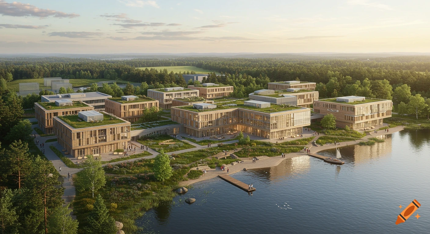 Photorealistic aerial view of a modern university campus with green ...