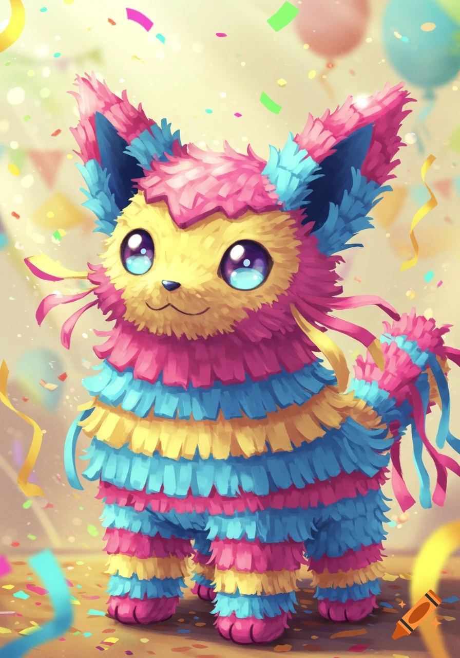 A vibrant pink, blue, and yellow piñata cat-like creature with large shiny eyes, surrounded by falling confetti at a party.