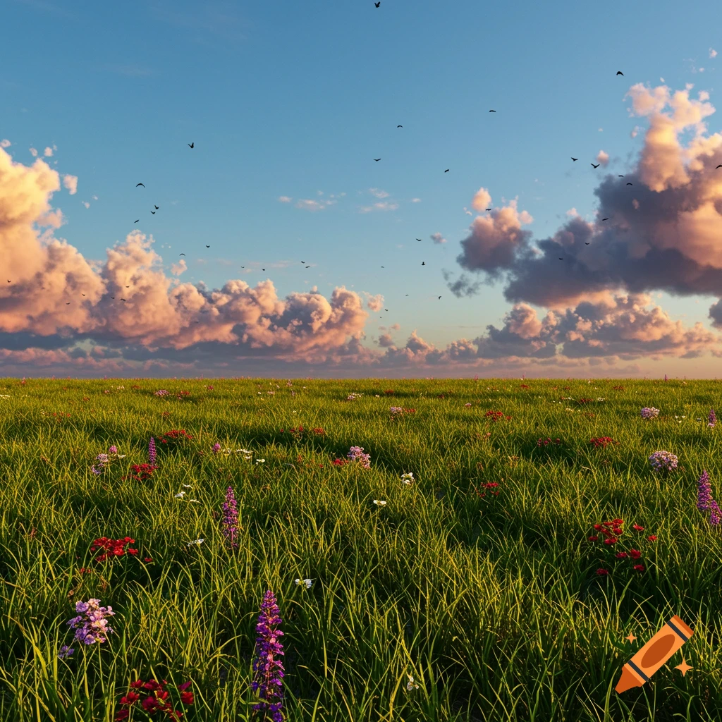A vast green grass field dotted with colorful wildflowers under a blue sky with pink clouds and flying birds.