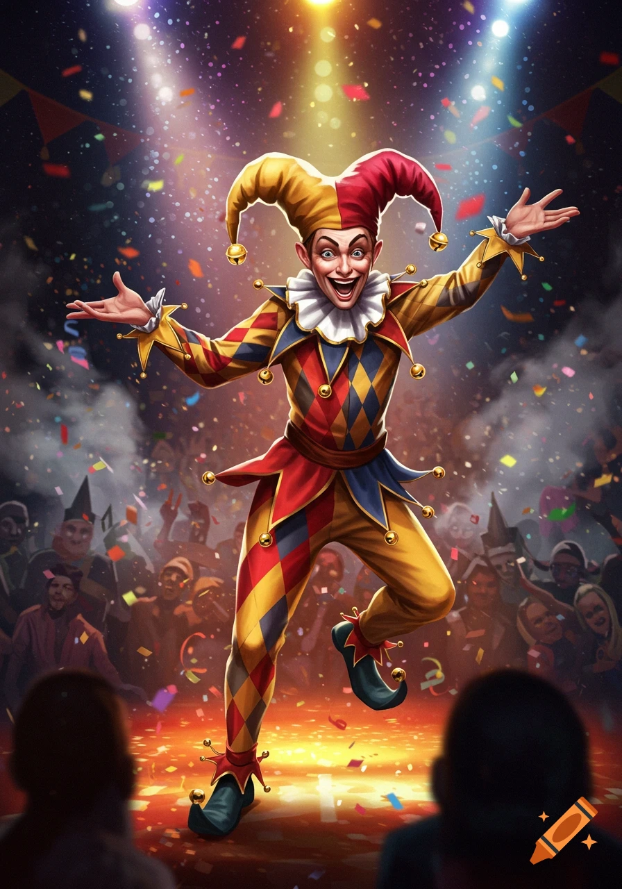 A vibrant jester in a colorful harlequin costume jumps on a stage, showered in confetti, before a cheering audience.