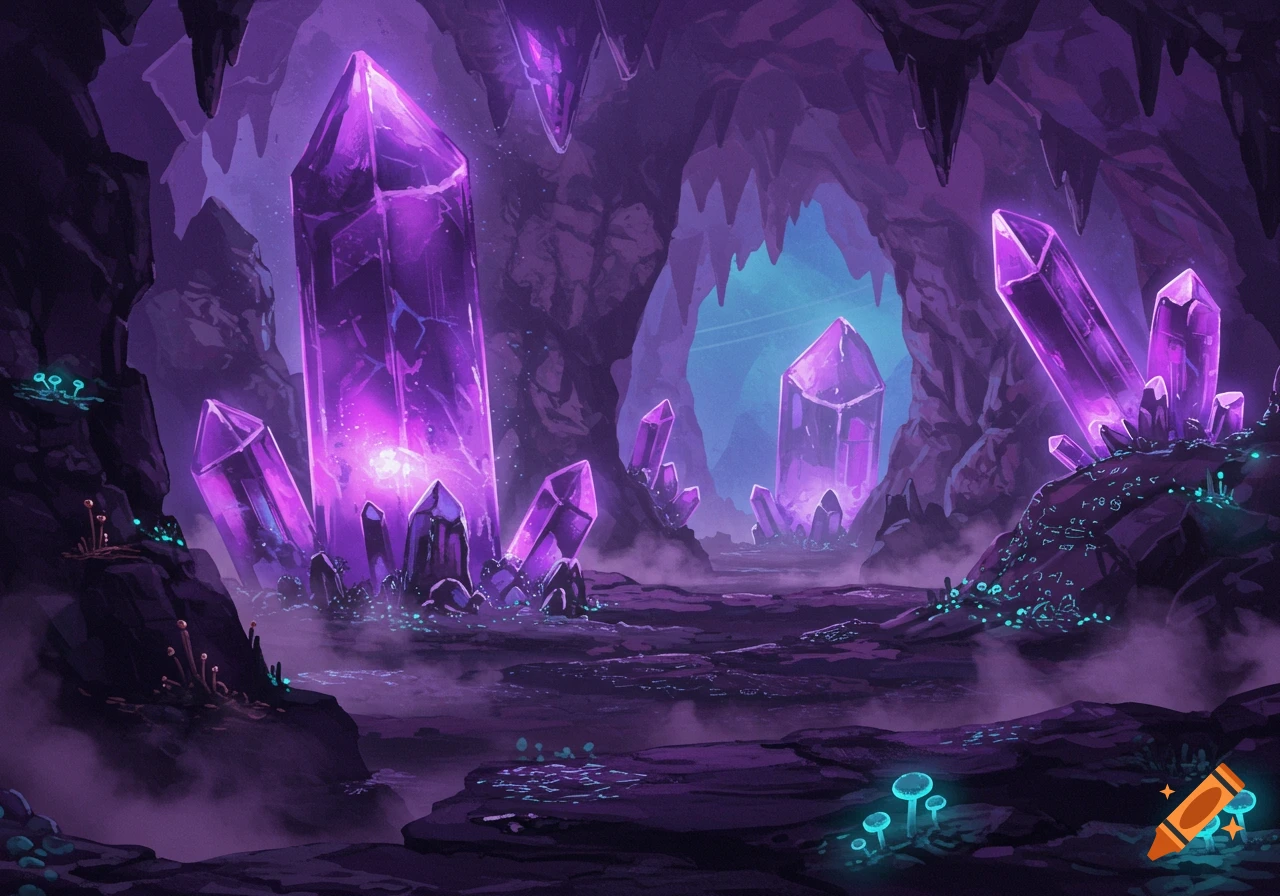 Vast purple underground cave filled with giant glowing purple crystals and bioluminescent mushrooms, with an ethereal misty atmosphere.