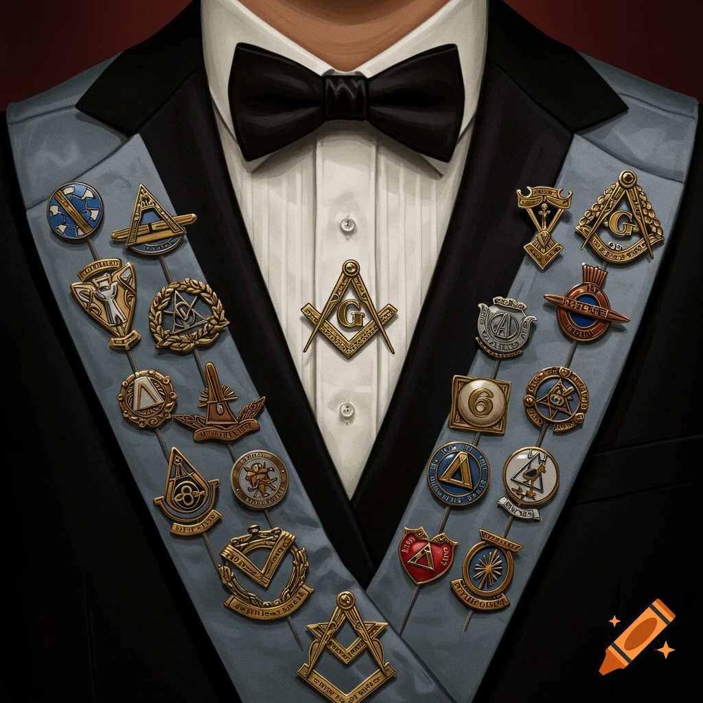 Close-up of a person in a suit with a black bow tie, wearing a grey sash adorned with numerous gold and silver masonic pins.