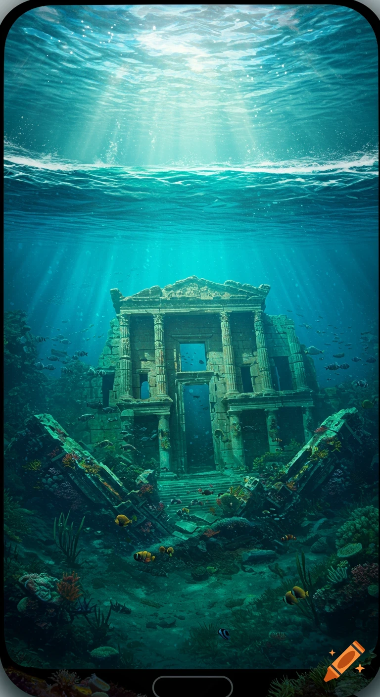 Underwater view of ancient ruins covered in coral and surrounded by fish, with sun rays from the surface, framed like a phone screen.