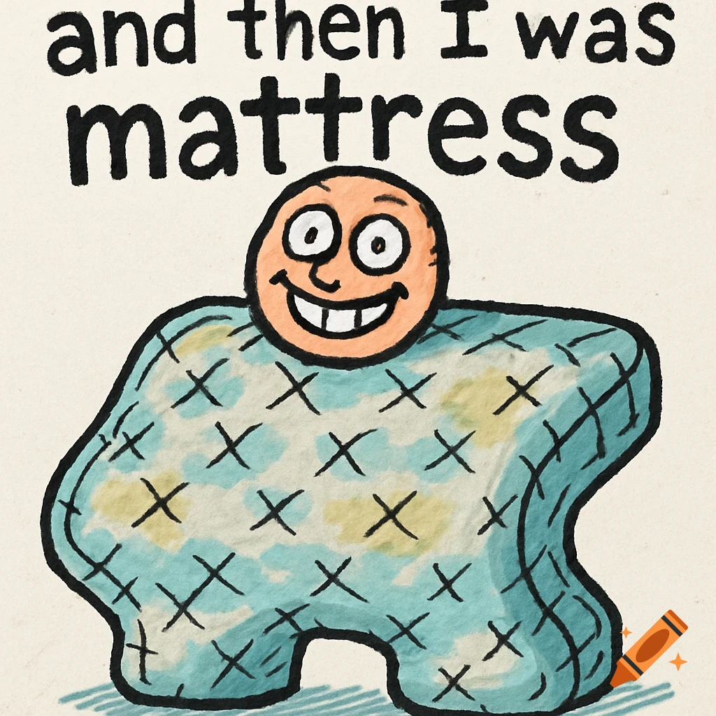 Crude cartoon drawing of a smiling face on a light blue mattress body, with the caption 'and then I was mattress'.