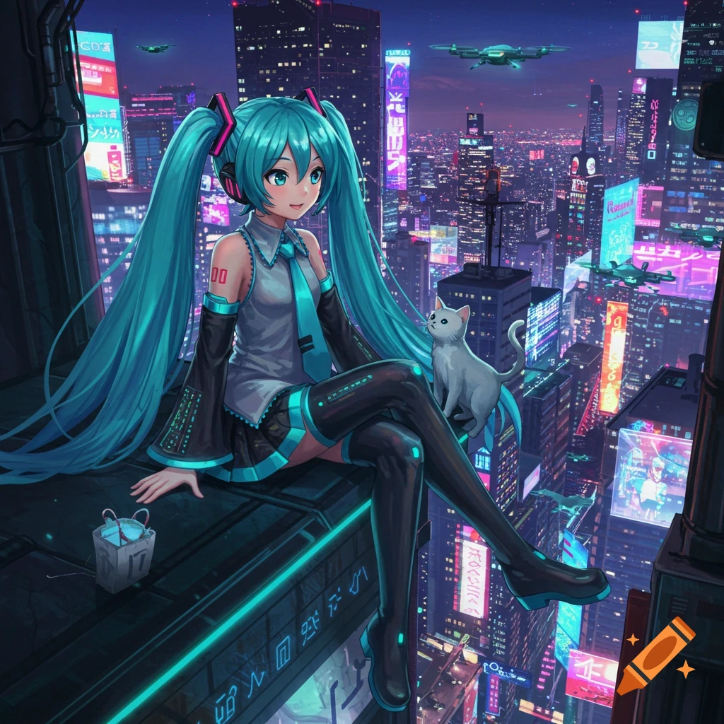 Hatsune Miku and a white cat sit on a building ledge overlooking a neon-lit cyberpunk city at night, anime style.
