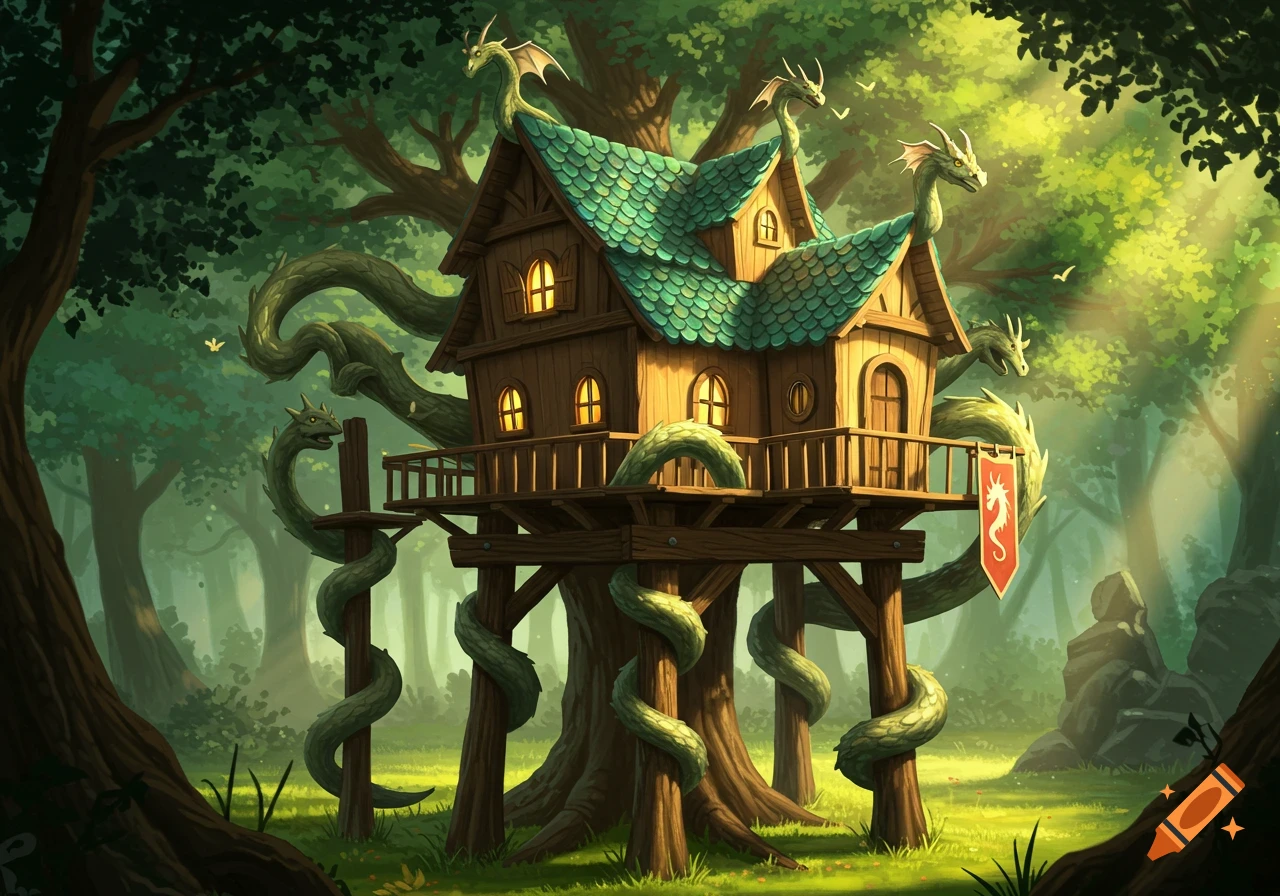 A whimsical, illustrated treehouse with a green roof, adorned with dragon heads and wrapped in dragon-like vines, set in a sun-dappled green forest.