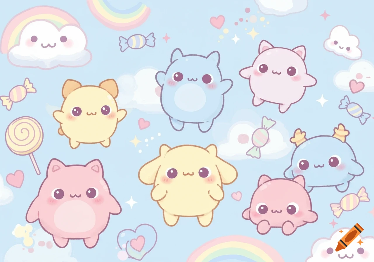 A seamless pattern of various pastel-colored kawaii blob-like creatures, candies, rainbows, and clouds on a light blue background.