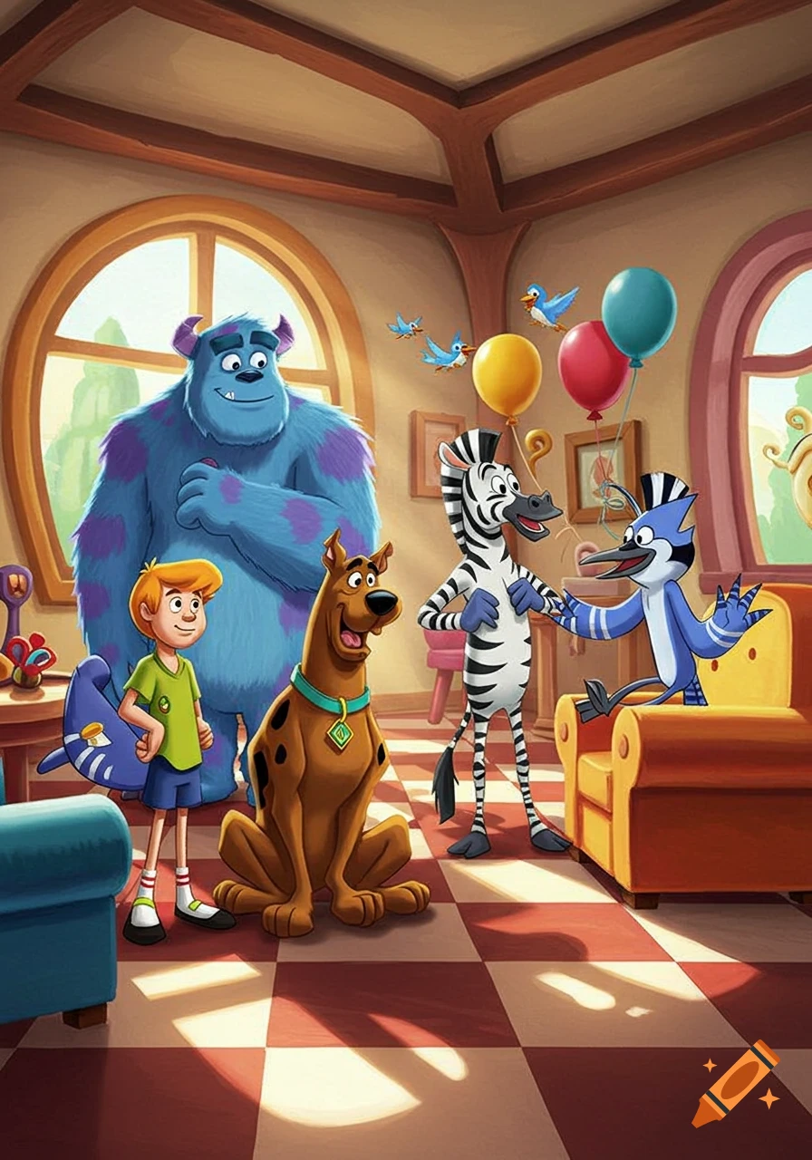 Cartoon characters Scooby-Doo, Sully, a boy, Marty the zebra, and Mordecai the blue jay gather in a vibrant room with balloons.