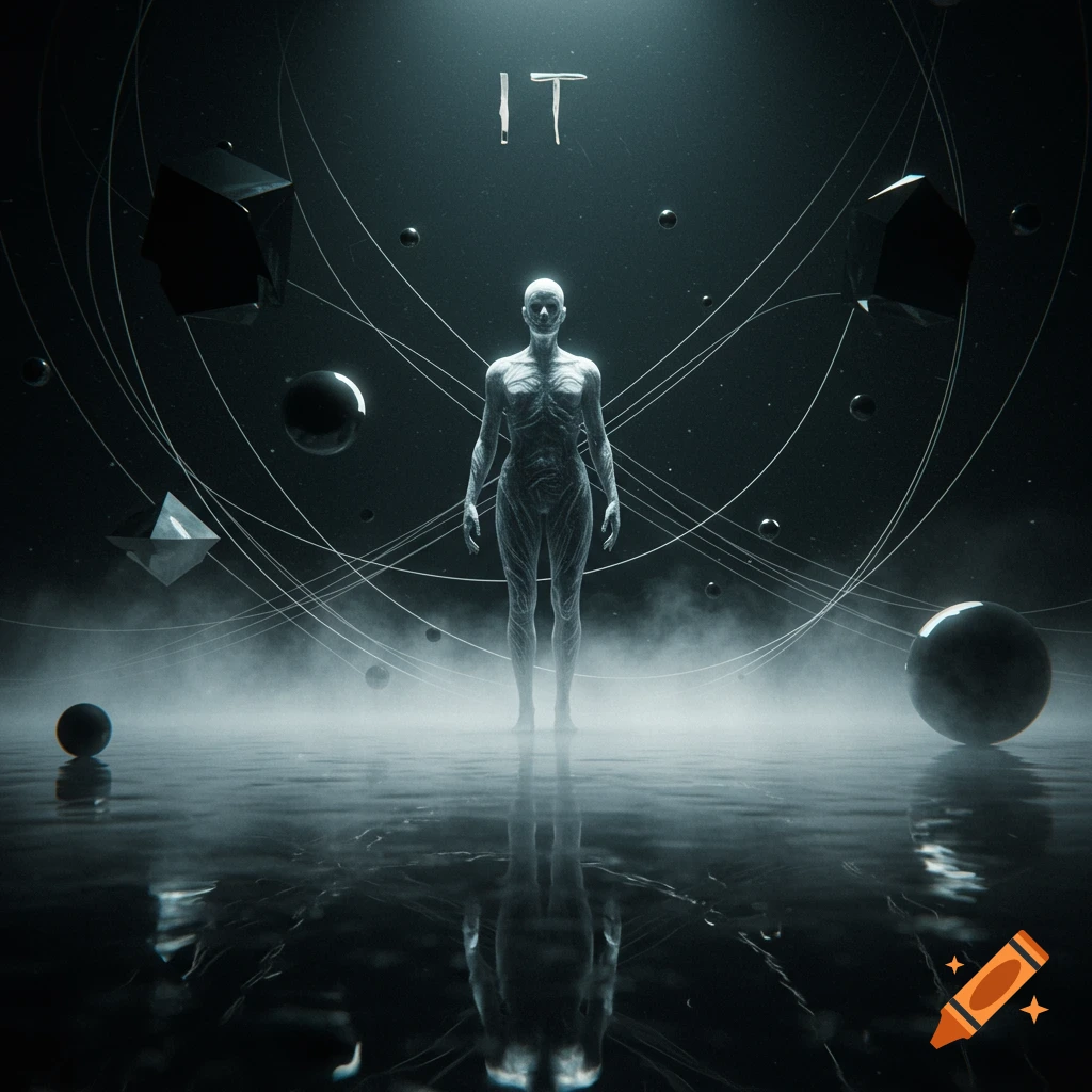 Ethereal human figure stands in a dark, foggy, abstract landscape with geometric shapes and a reflective surface, text 'IT' above.