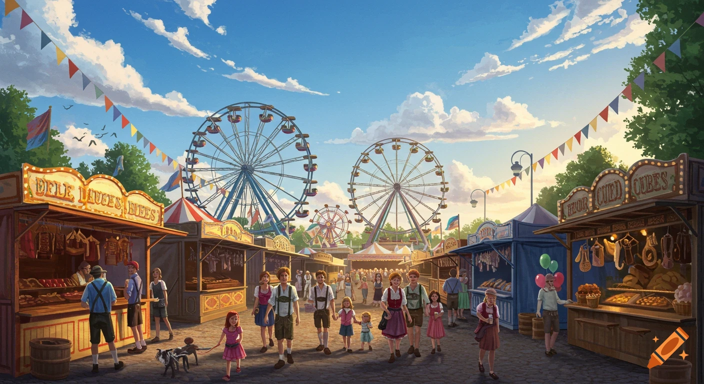 A vibrant illustration of a folk festival with Ferris wheels, food stalls, and people in traditional clothes.