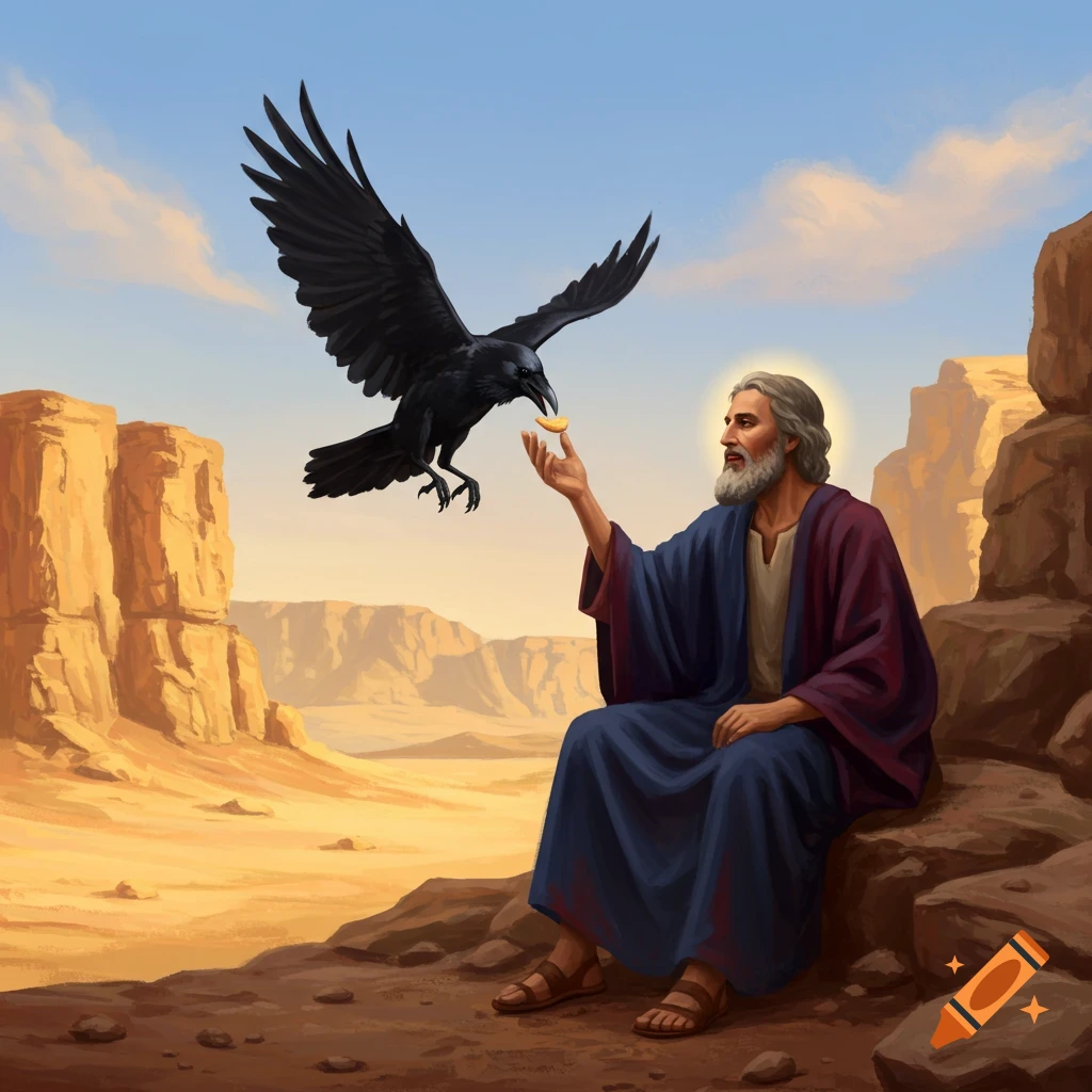 Prophet Elijah sits in a desert as a raven flies down to offer him a piece of food, in a digital painting.