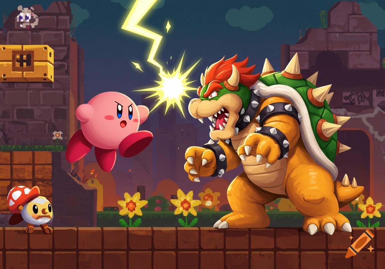 Pink Kirby attacks roaring Bowser with lightning on a retro video game brick platform, with a mushroom character and pixelated flowers in the background.