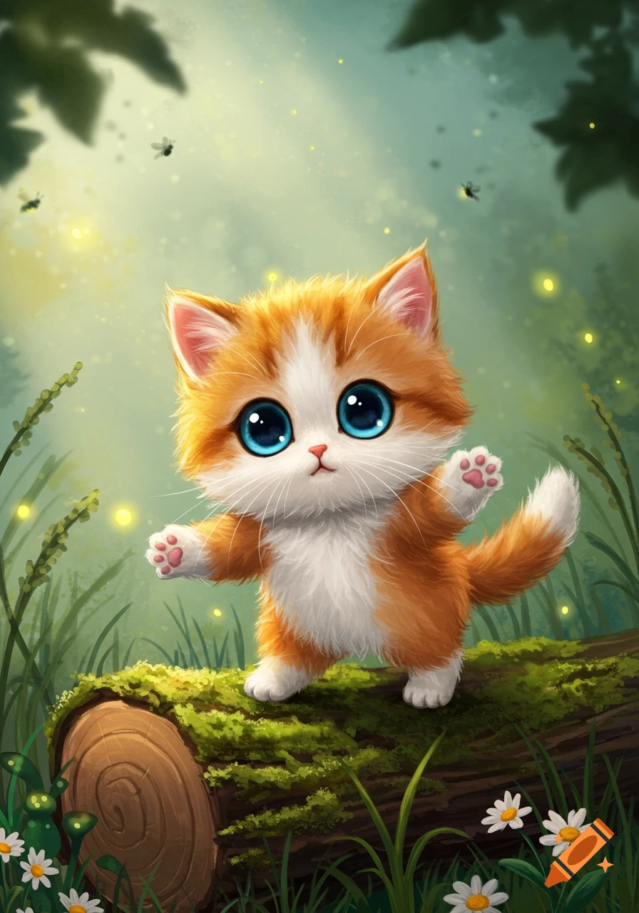 A fluffy orange and white kitten with large blue eyes stands on a mossy ...