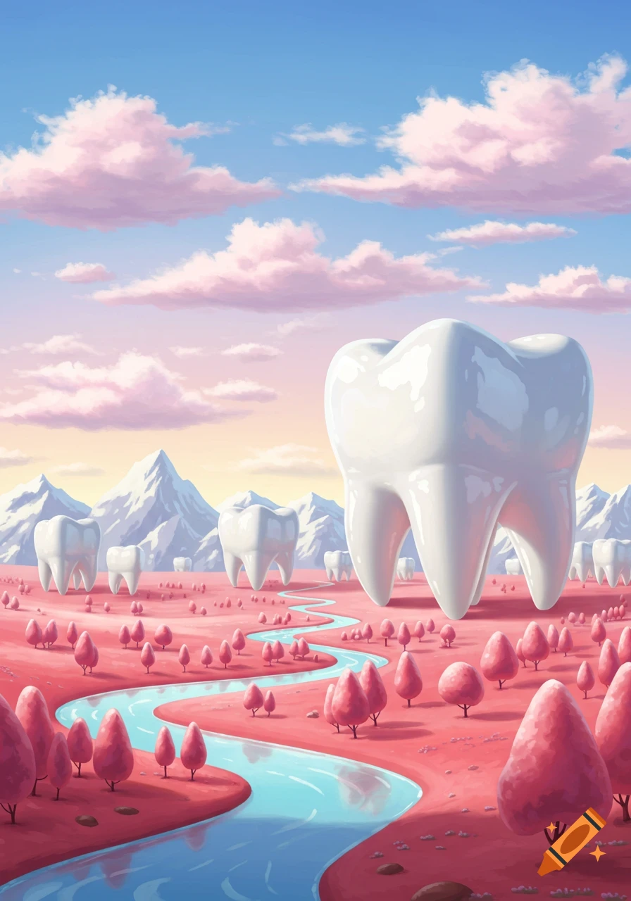 A fantastical landscape with giant white teeth, a winding blue river, pink trees, and snow-capped mountains under a pastel sky.