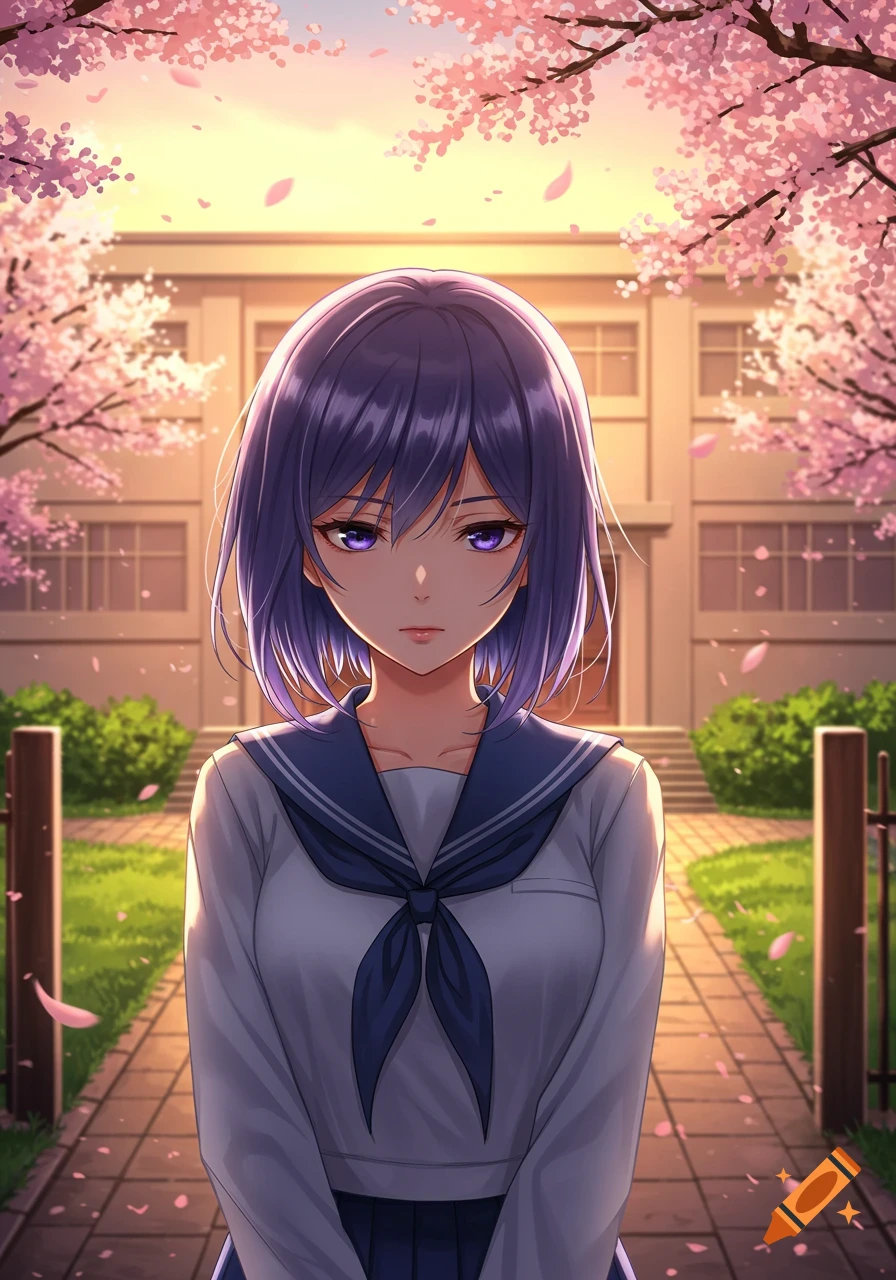Anime schoolgirl with short purple hair and violet eyes, wearing a sailor uniform, stands on a paved path lined with cherry blossom trees in front of a school building at sunset.