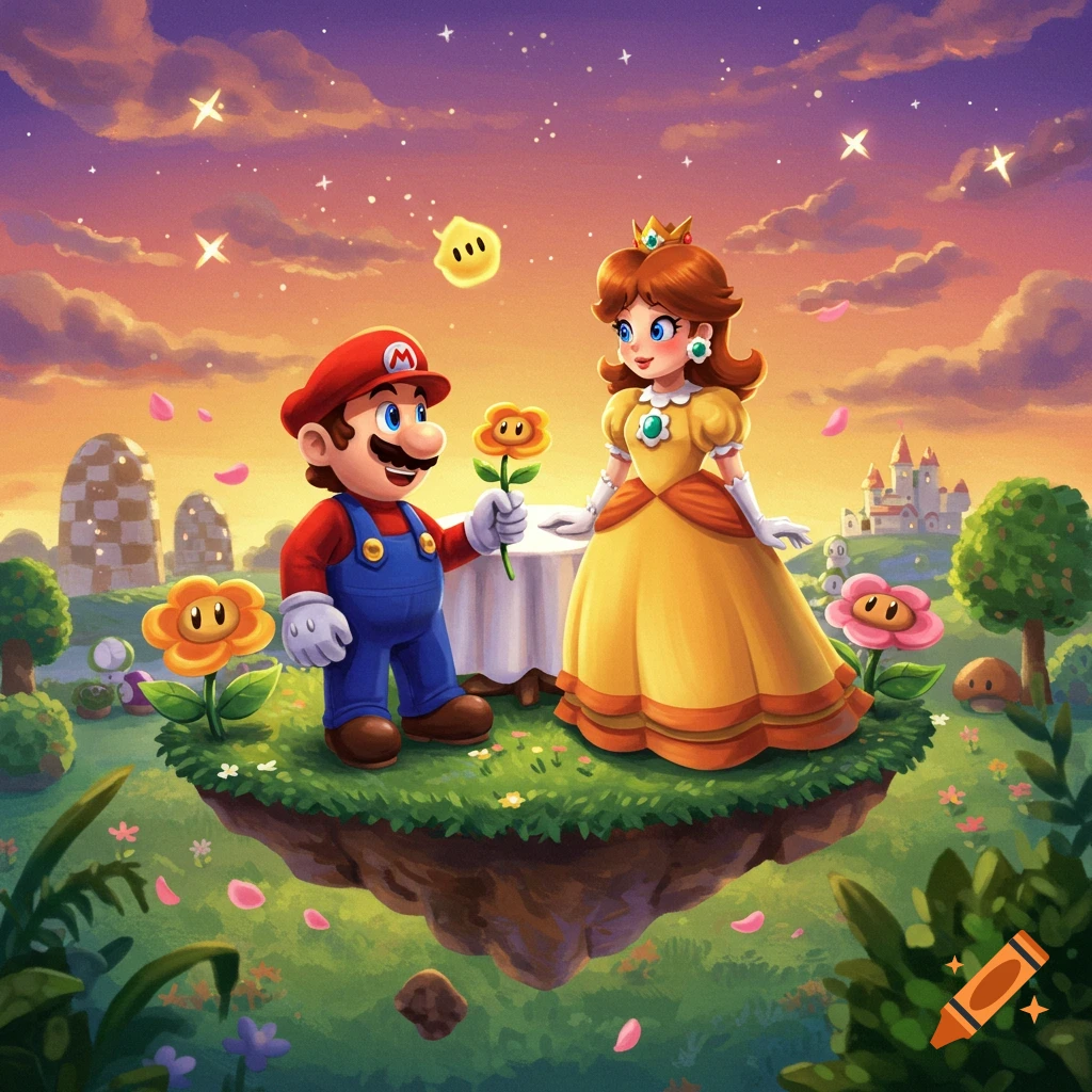 Mario offers a flower to Princess Daisy on a floating island under a starry, sunset sky, with a castle in the background.