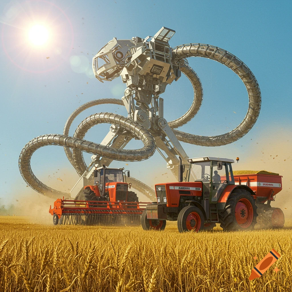 A large, silver, multi-tentacled robot stands over two red farming tractors in a golden wheat field under a bright sun.
