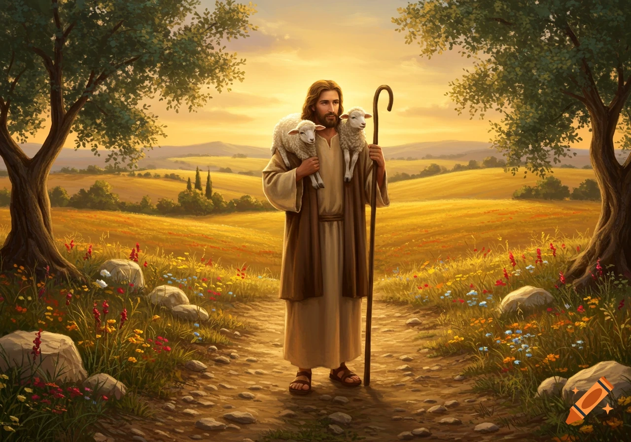 Jesus, the Good Shepherd, carrying two lambs on his shoulders in a golden pastoral landscape with trees at sunset.