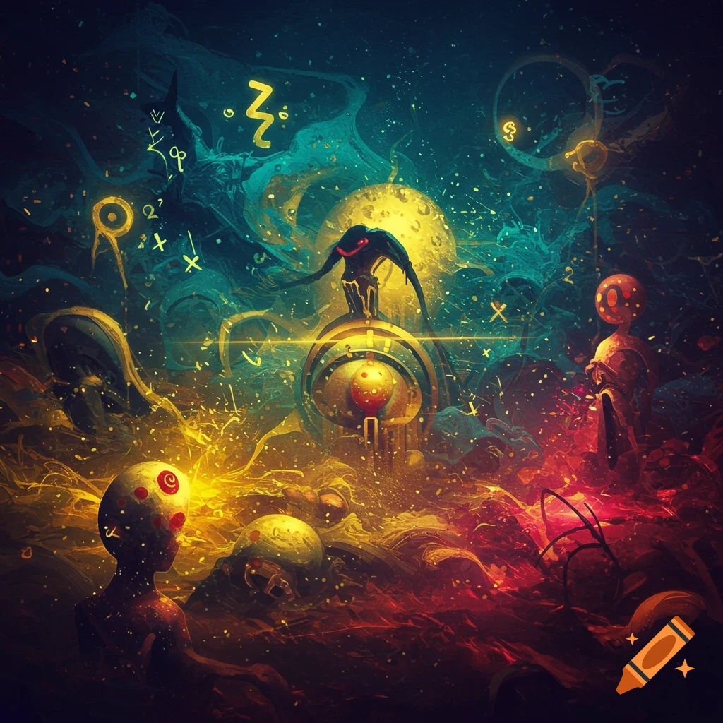 Abstract cosmic landscape with glowing alien figures, a large yellow moon, and swirling nebulae.