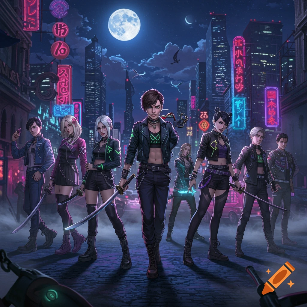 Anime-style demon hunter group with swords in a neon-lit cyberpunk city at night under a full moon.