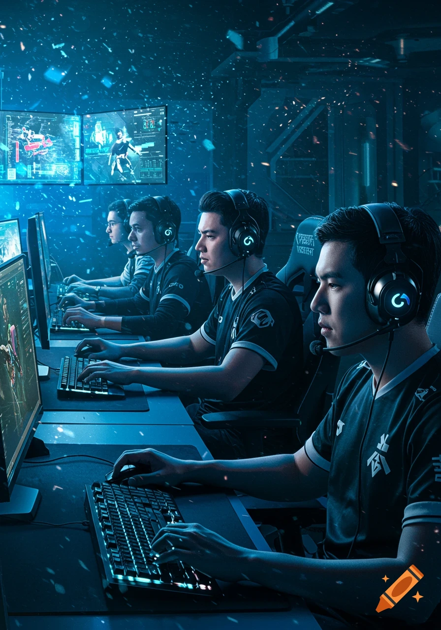 A team of male gamers wearing headsets, sitting at computers in a blue-lit room, intensely playing video games.