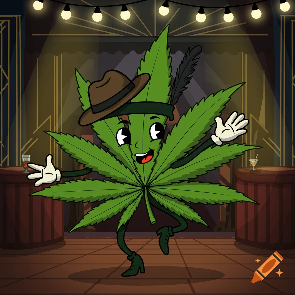 A retro cartoon cannabis leaf character in a fedora, white gloves, and heels dances in a dimly lit 1920s bar.