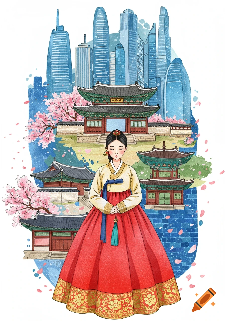 Watercolor illustration of a woman in a red hanbok standing before traditional Korean buildings, cherry blossoms, and a modern city skyline.