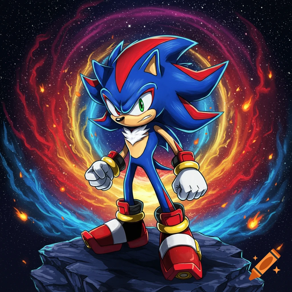 A blue and red Sonic-Shadow hybrid character stands on a rock with an angry expression against a vibrant cosmic nebula background.