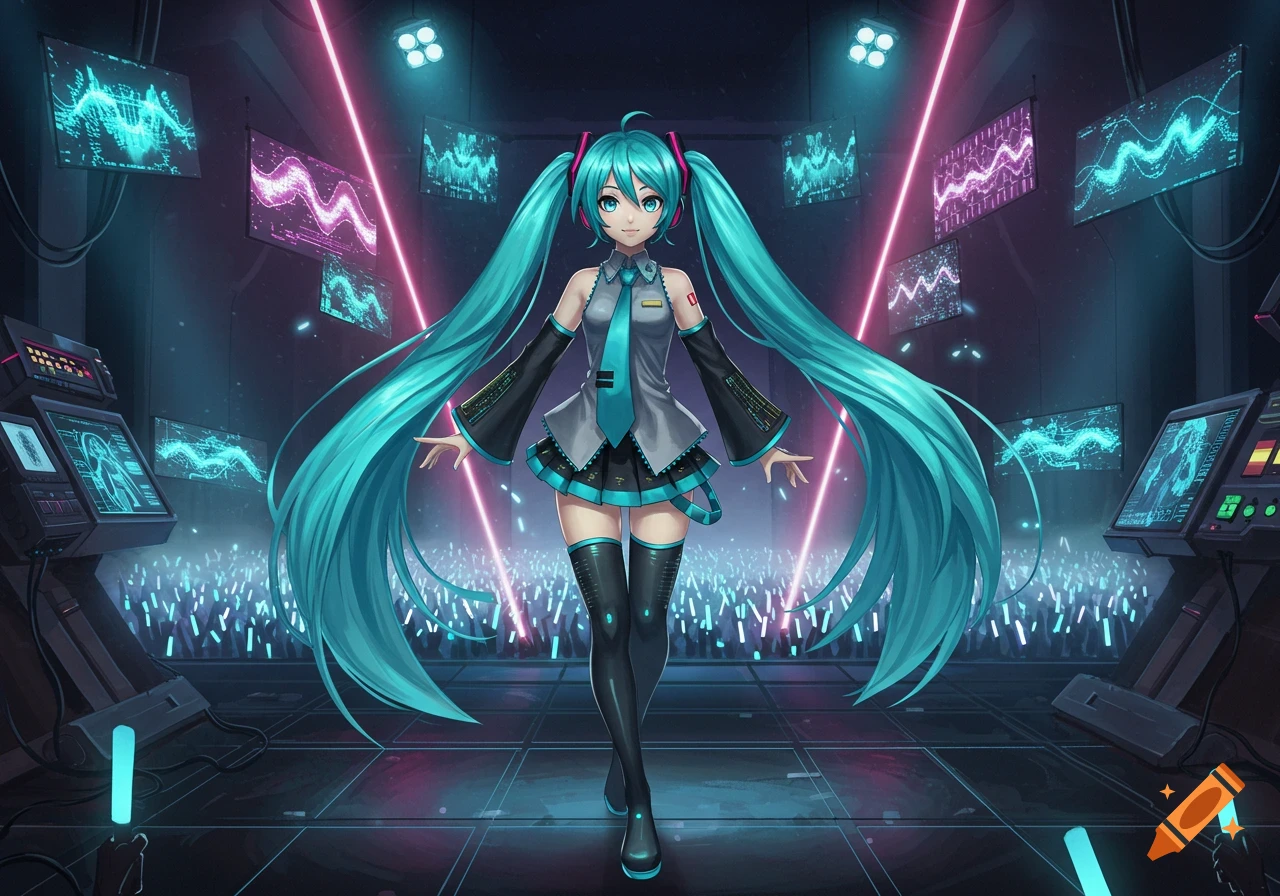 Hatsune Miku stands on a futuristic concert stage with glowing neon lights, digital screens, and a blurred audience in the background.