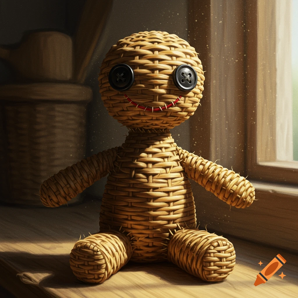 A woven wicker doll with black button eyes and a red stitched smile sits on a wooden surface by a window.