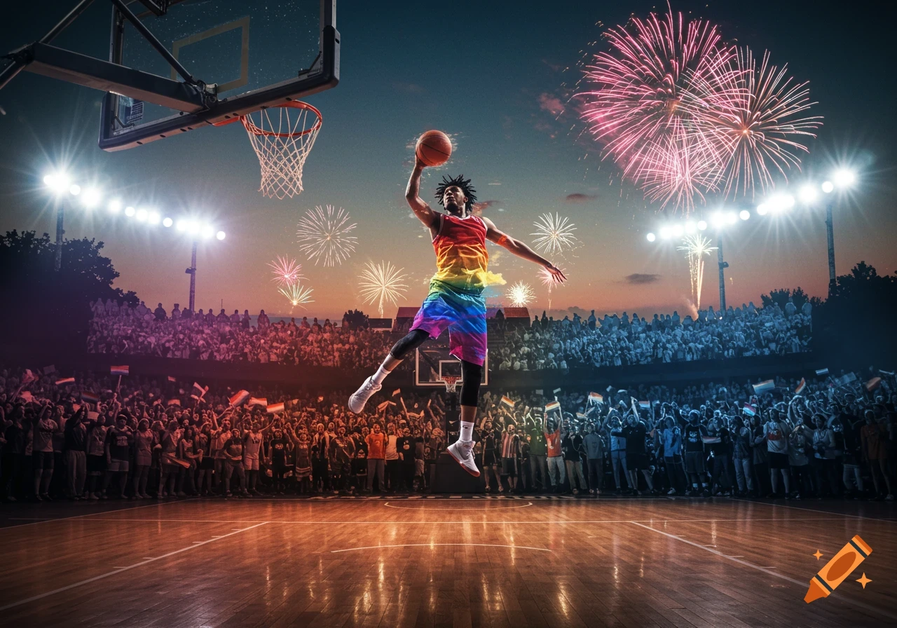 Basketball player in rainbow uniform dunks the ball on a court during a game with fireworks and a stadium crowd.