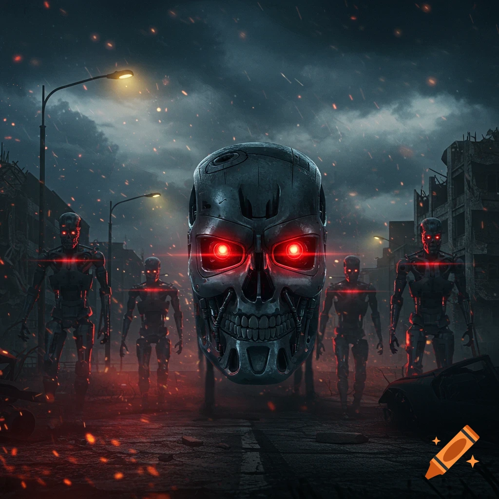A close-up of a metallic robot skull with glowing red eyes, surrounded by other humanoid robots with red eyes in a ruined, dark city under a stormy sky.