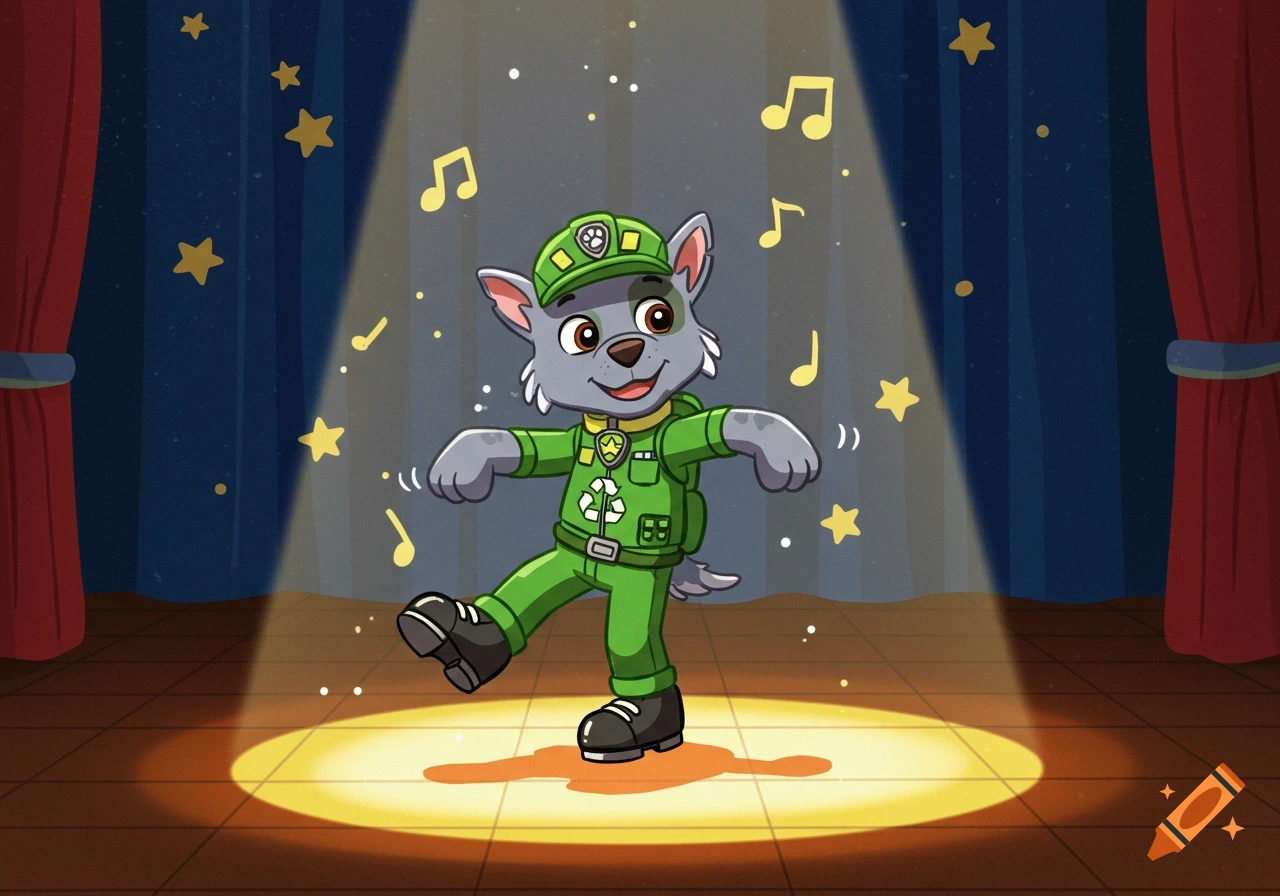 Rocky from Paw Patrol, a grey cartoon dog in a green uniform and black tap shoes, tap dancing on a spotlighted stage with blue and red curtains, surrounded by musical notes and stars.