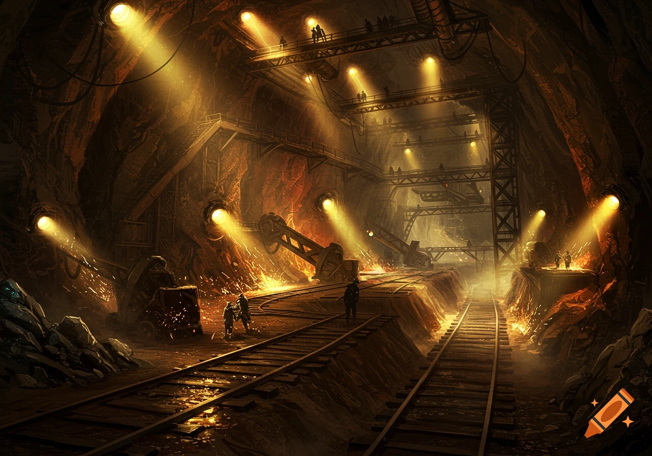 A vast, dark underground mine with numerous bright lights, rail tracks, workers, and machinery. Sparks fly from the ore extraction. Digital art.