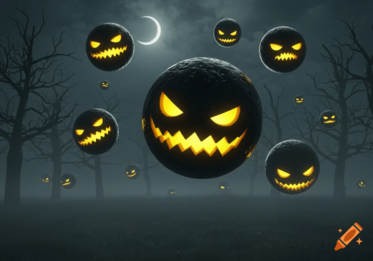 Spooky black orbs with glowing yellow jack-o'-lantern faces float through a misty, dark forest under a crescent moon.