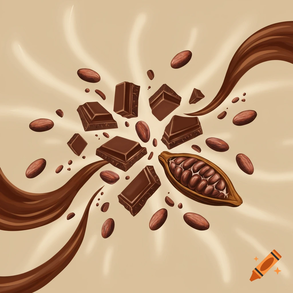 Illustrated chocolate pieces, cocoa beans, and an open cacao pod exploding from the center with chocolate swirls on a beige background.