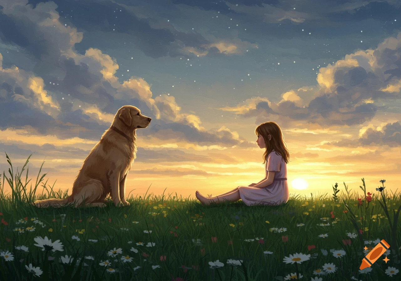 An illustrated scene of a girl and a golden retriever sitting in a ...