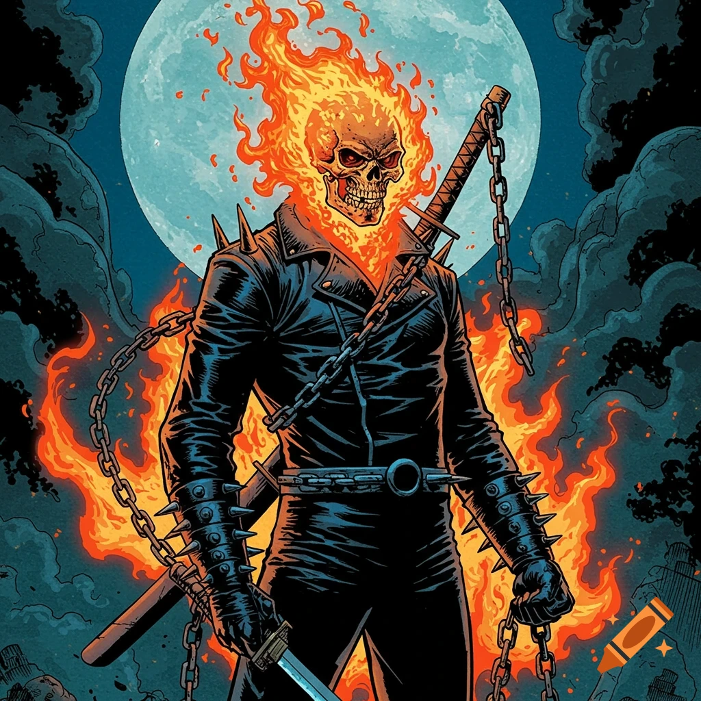Ghost Rider, a flaming-skulled superhero in a spiked leather jacket with chains and a katana, stands before a full moon in comic book art style.