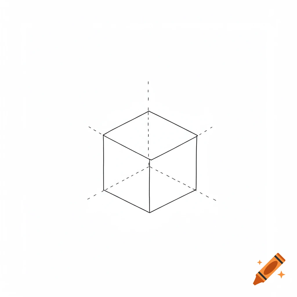 A minimalist black and white line art drawing of a cube with dashed lines extending from its center.